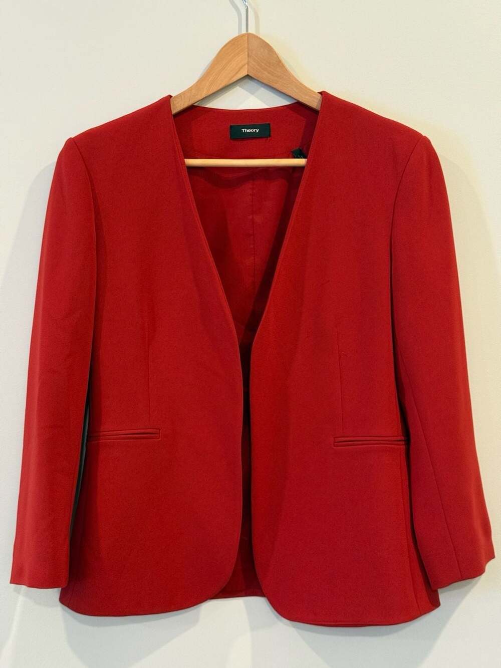 Theory Red Open Front Lanai Collarless Blazer Jacket Size 6